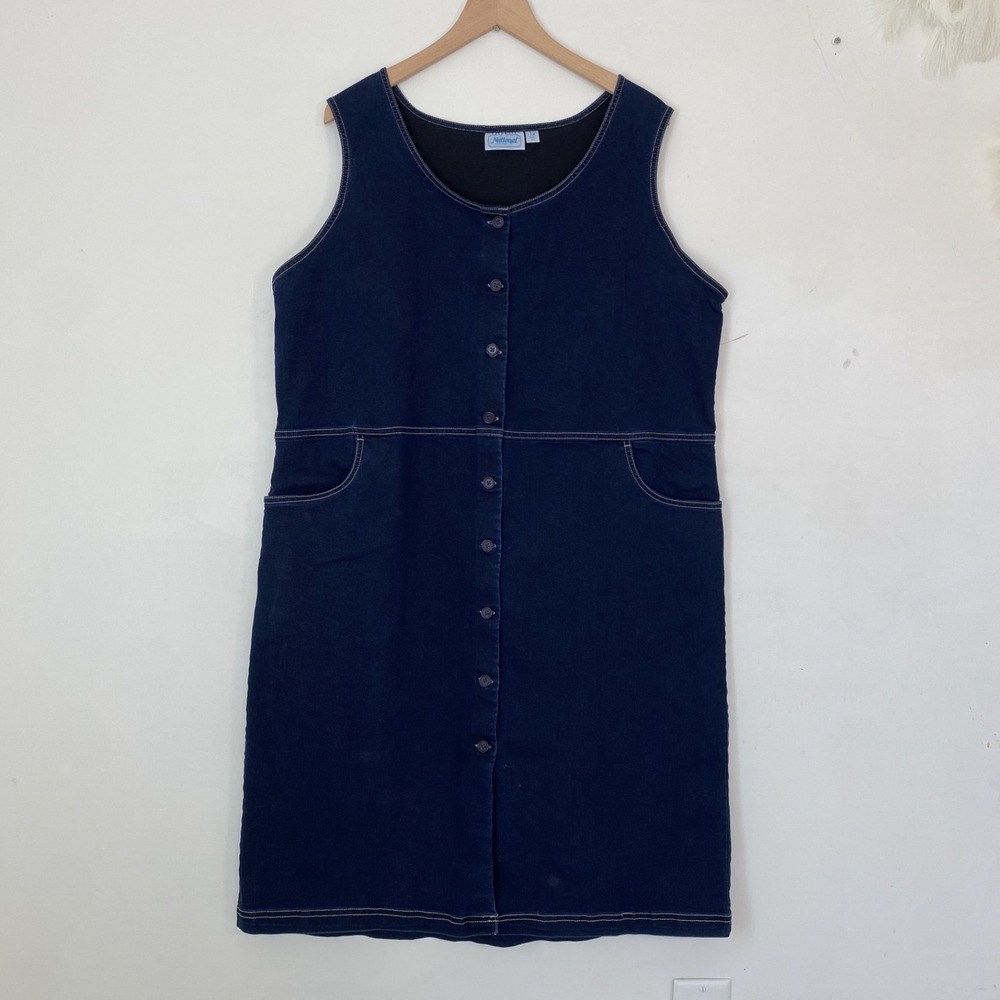 Vintage National Womens Button Front Denim Jumper Dress Size 1X Country Stretch